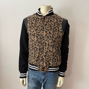 Straight To Hell Leopard Print Varsity Wool Blend Jacket with Black Sleeves